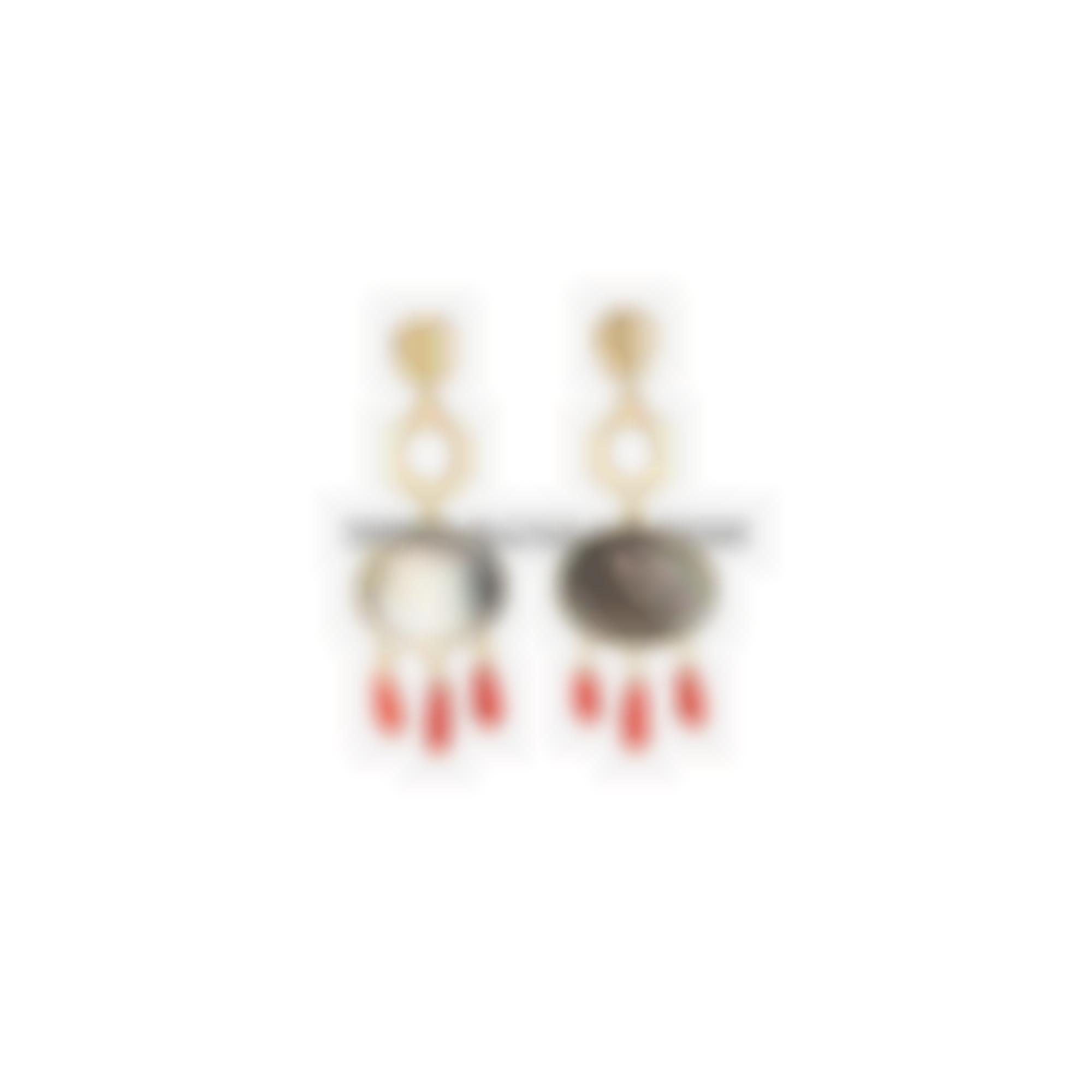 Earrings set in silver with oval mop and coral drops