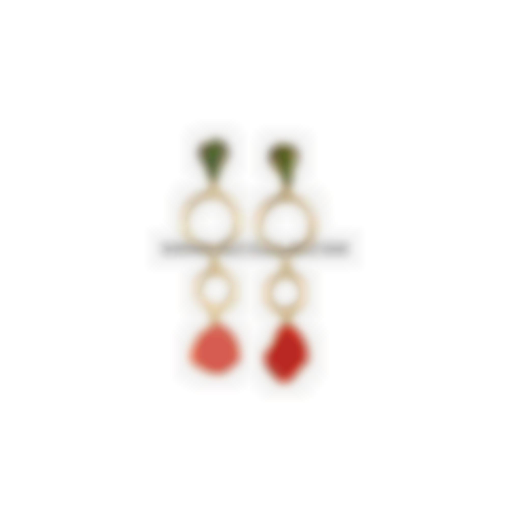 Earrings set in silver with natural coral and jade