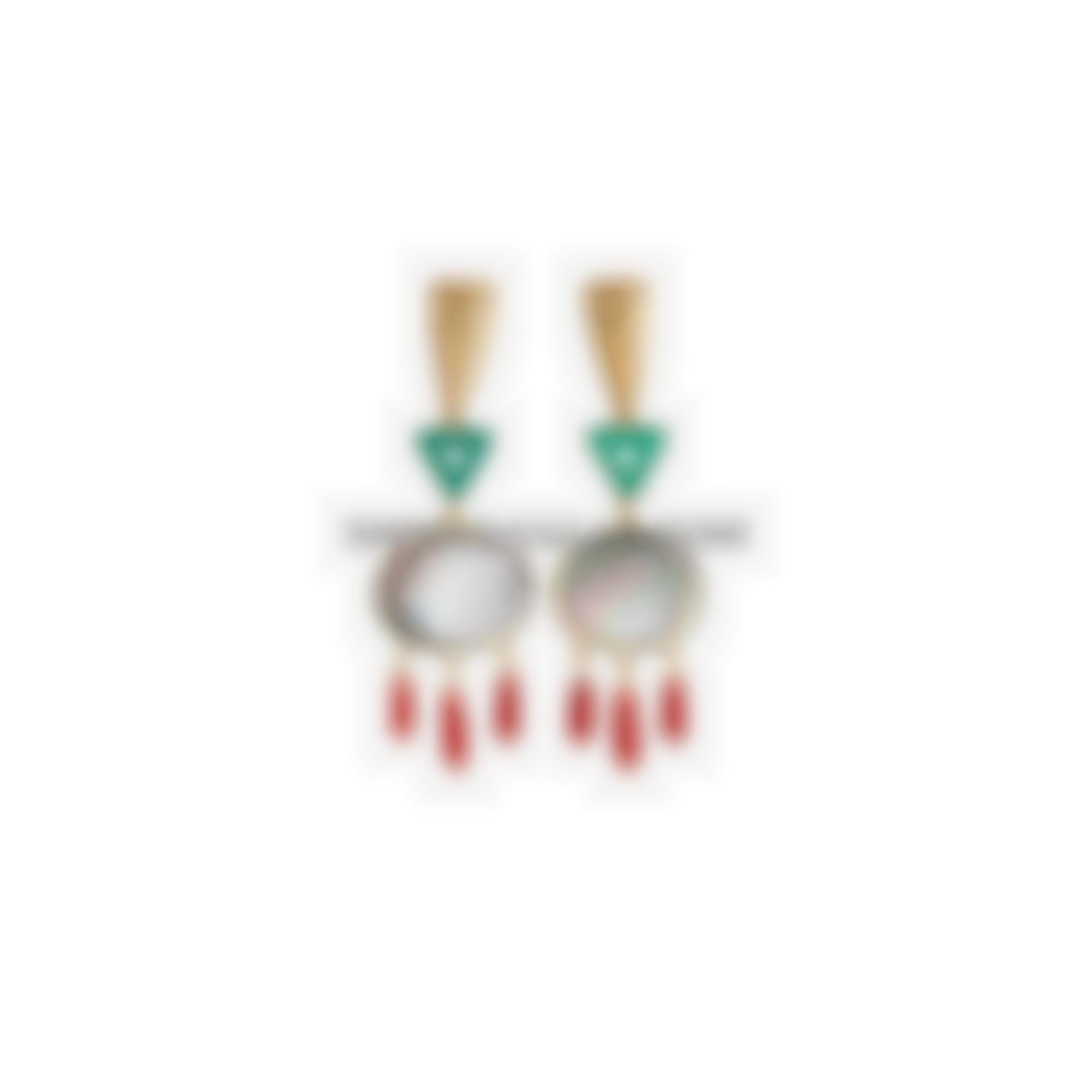 Earrings with mop and natural red coral set in silver