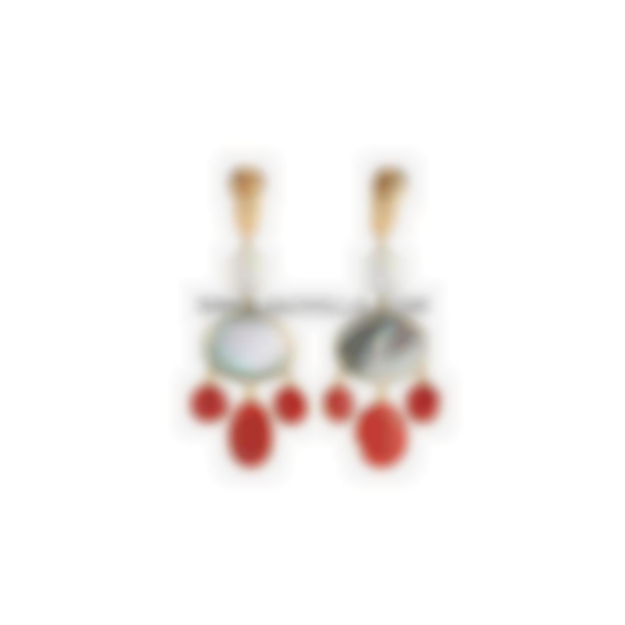 Earrings set in silver with coral baroque cabochon and mop