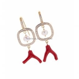 Earrings with natural red branch coral zircons and pearls 